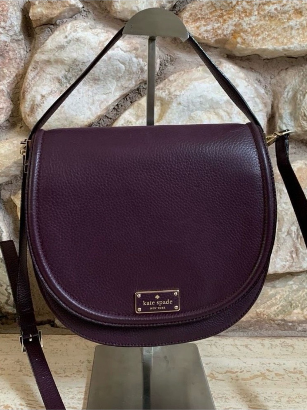 Kate Spade Deep Plum Pebbled Leather Saddle Bag Crossbody